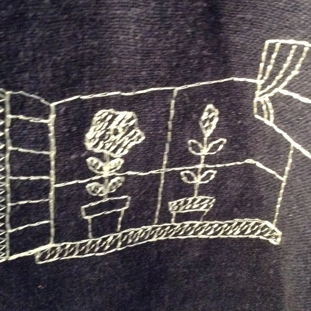 Coldwater Creek L Navy/White cross Stitch Wide Lapel Tunic Eclectic Granny Chic - Picture 3 of 5